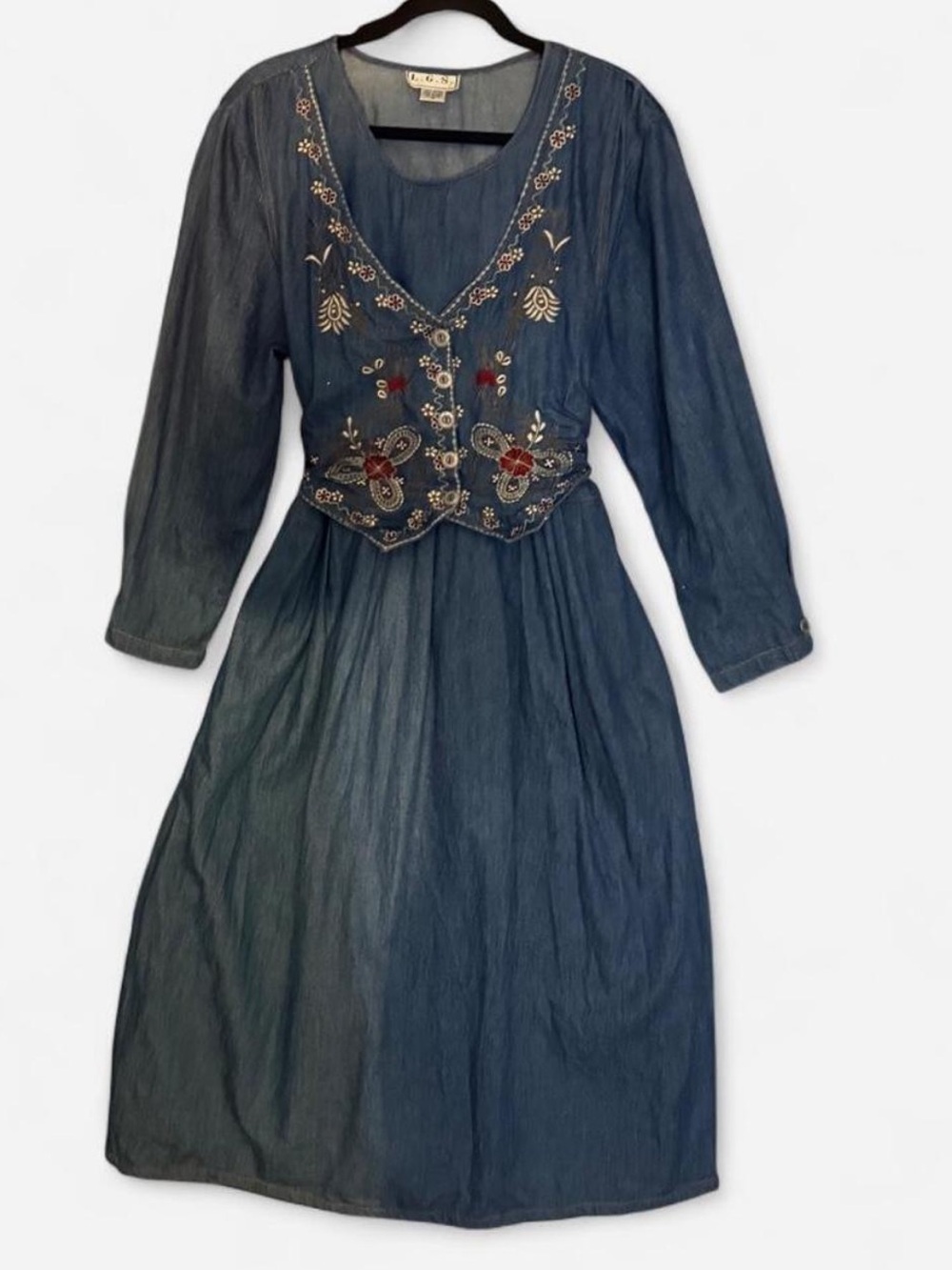 LC Lauren Conrad Blue Denim-Look Embroidered Long-Sleeve Midi Dress